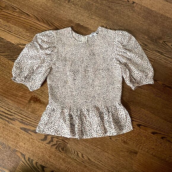 Express Polka Dot Smocked Peplum Top Pink, White, and Black - Picture 2 of 4